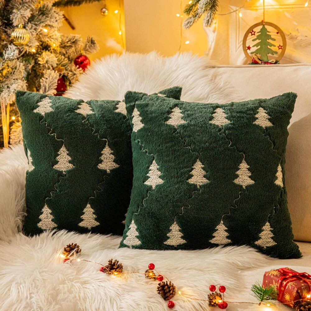 4376 Christmas Tree Embroidered Green Throw Pillows Cover 18x18 Inch, Set